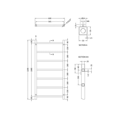 Nuie Eton Heated Towel Rail Contemporary Chrome Steel 1200x600x40mm - JJ Building Materials