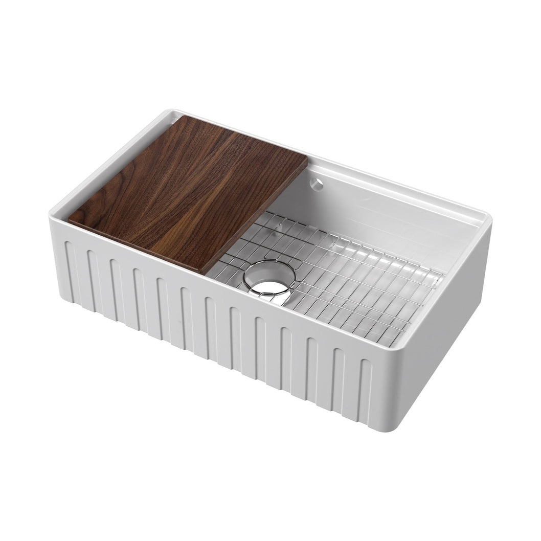 Nuie Fluted Butler Sink With Ledge, Grid & Chopping Board 795 X 460 X 220mm Traditional White Fireclay 220x795x460mm - JJ Building Materials