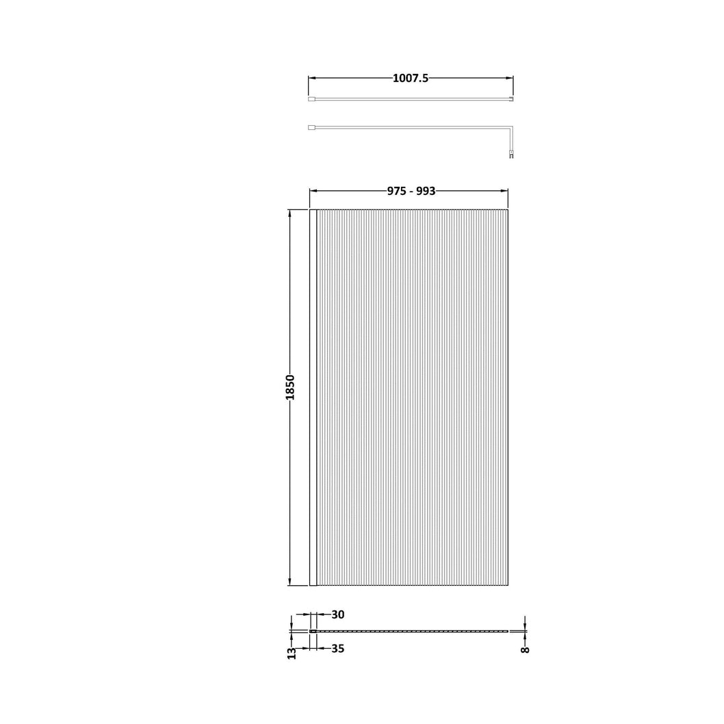 Nuie Fluted Wetroom Screen - 1850x1000mm - Brushed Pewter Contemporary Aluminium 1850x800x13mm - JJ Building Materials