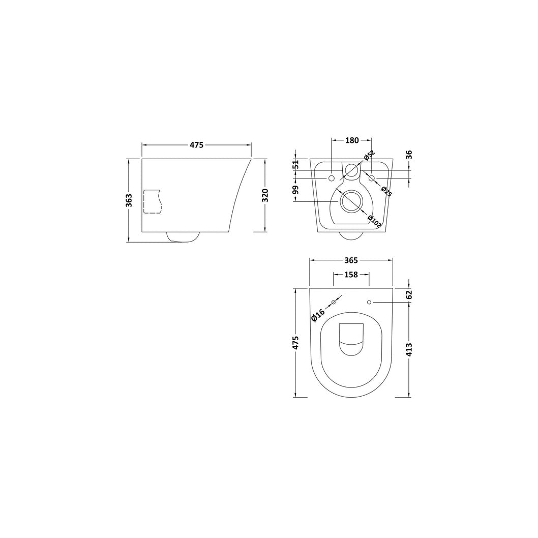 Nuie Freya Wall Hung Pan & Soft Close Seat Contemporary White Vitreous China 363x365x475mm - JJ Building Materials