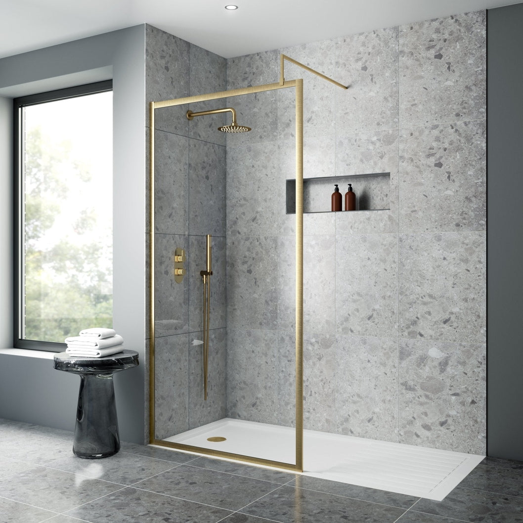 Nuie Full Outer Frame Wetroom Screen 1850x1400x8mm Contemporary Brushed Brass Aluminium 1850x1400x13mm - JJ Building Materials
