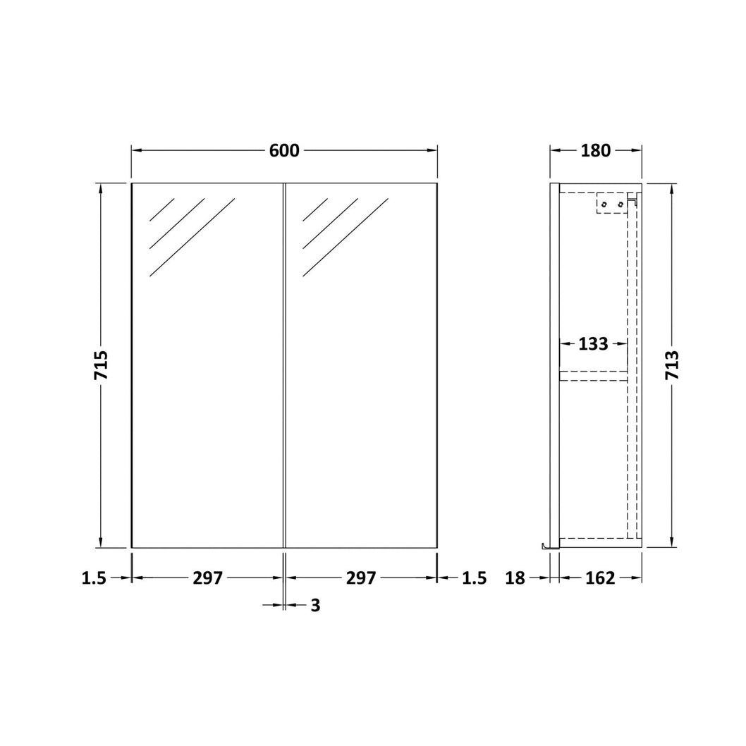 Nuie Fusion 600mm Mirror Unit (50/50) Contemporary Bleached Oak MFC Textured Woodgrain 715x600x182mm - JJ Building Materials