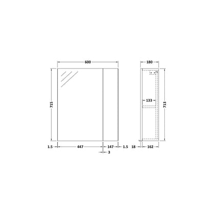 Nuie Fusion 600mm Mirror Unit (75/25) Contemporary Graphite Grey Woodgrain MFC Textured Woodgrain 715x600x182mm - JJ Building Materials