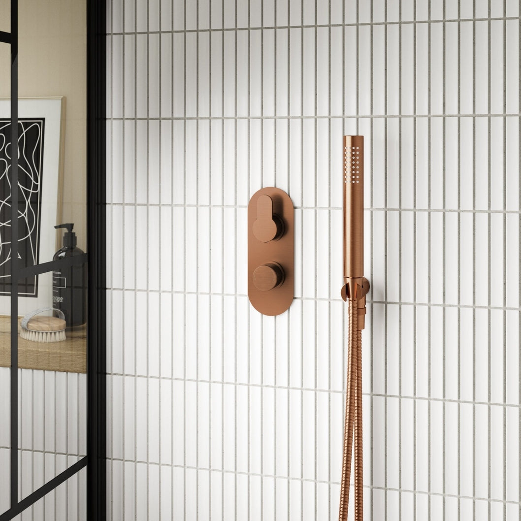 Nuie Hand Held Shower Kits Outlet Elbow, Parking Bracket, Flex And Handset Contemporary Brushed Brass Brass ABS 1230x30x55mm - JJ Building Materials