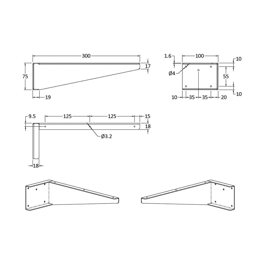 Nuie Handles Shelf Support Brackets Contemporary Dark Grey Stainless Steel 300x100x50mm - JJ Building Materials