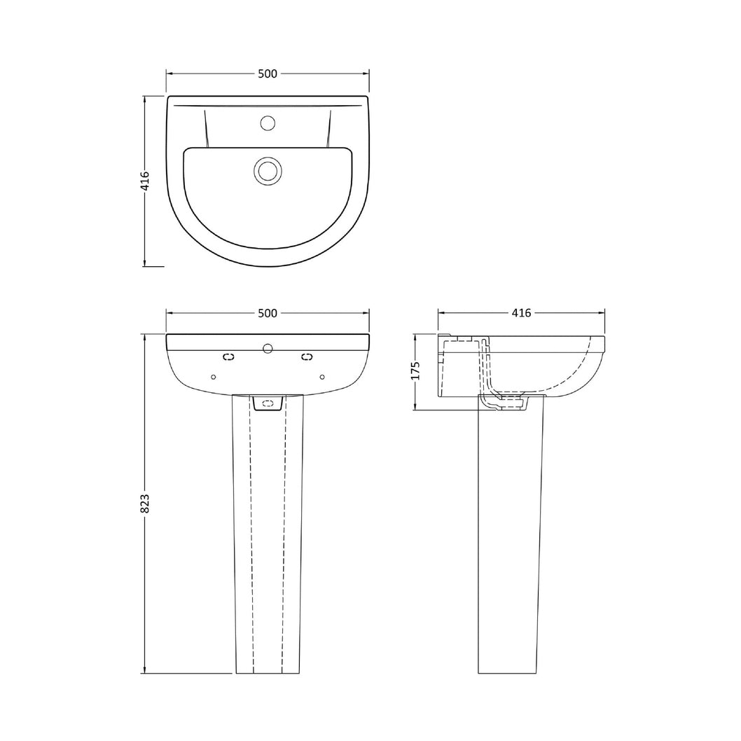 Nuie Harmony 500mm Basin & Pedestal Contemporary White Vitreous China 823x500x416mm - JJ Building Materials
