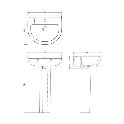 Nuie Harmony 500mm Basin & Pedestal Contemporary White Vitreous China 823x500x416mm - JJ Building Materials