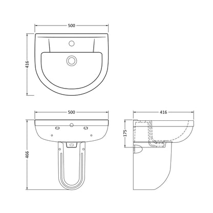 Nuie Harmony 500mm Basin & Semi Pedestal Contemporary White Vitreous China 466x500x416mm - JJ Building Materials