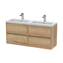 Nuie Havana 1200mm Wall Hung 4 Drawer Unit & Double Basin Contemporary Autumn Oak MFC Textured Woodgrain 579x1205x385mm - HAV804C - JJ Building Materials