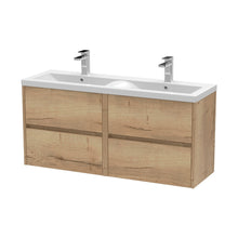 Nuie Havana 1200mm Wall Hung 4 Drawer Unit & Double Basin Contemporary Autumn Oak MFC Textured Woodgrain 579x1205x385mm - HAV804F - JJ Building Materials