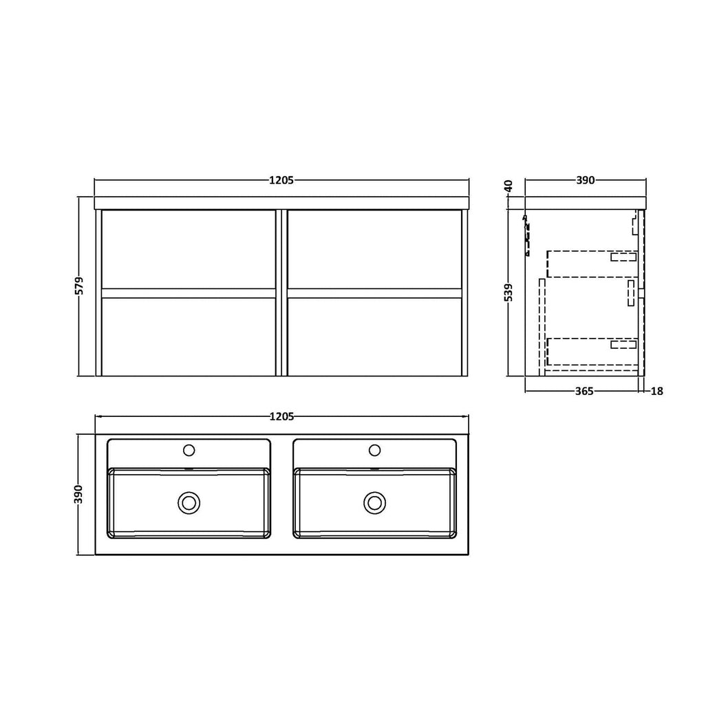 Nuie Havana 1200mm Wall Hung 4 Drawer Unit & Double Basin Contemporary Coastal Grey MFC Smooth Matt 579x1205x385mm - HAV2304C - JJ Building Materials