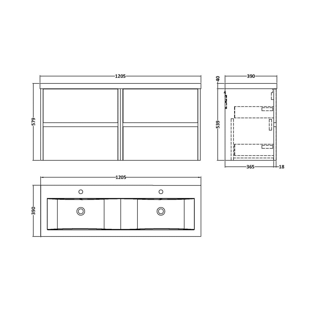 Nuie Havana 1200mm Wall Hung 4 Drawer Unit & Double Basin Contemporary Coastal Grey MFC Smooth Matt 579x1205x385mm - HAV2304F - JJ Building Materials