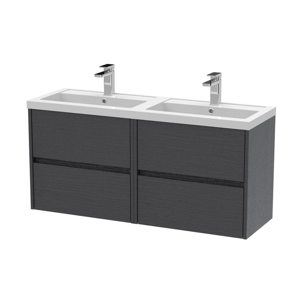 Nuie Havana 1200mm Wall Hung 4 Drawer Unit & Double Basin Contemporary Graphite Grey Woodgrain MFC Textured Woodgrain 579x1205x385mm - HAV2204C - JJ Building Materials