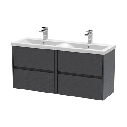 Nuie Havana 1200mm Wall Hung 4 Drawer Unit & Double Basin Contemporary Graphite Grey Woodgrain MFC Textured Woodgrain 579x1205x385mm - HAV2204F - JJ Building Materials