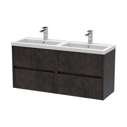 Nuie Havana 1200mm Wall Hung 4 Drawer Unit & Double Basin Contemporary Metallic Slate MFC Textured Matt 579x1205x385mm - HAV2604C - JJ Building Materials