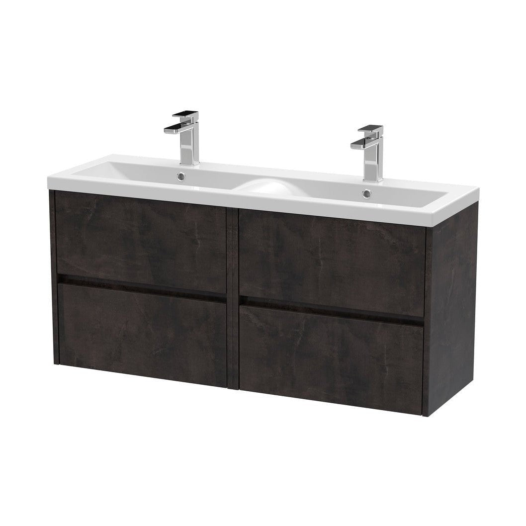 Nuie Havana 1200mm Wall Hung 4 Drawer Unit & Double Basin Contemporary Metallic Slate MFC Textured Matt 579x1205x385mm - HAV2604F - JJ Building Materials
