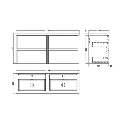 Nuie Havana 1200mm Wall Hung 4-drawer Unit & Double Basin Contemporary Midnight Blue MFC Painted Matt 579x1205x385mm - HAV2904C - JJ Building Materials