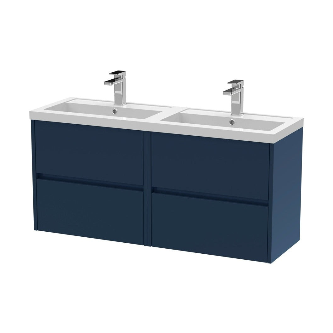 Nuie Havana 1200mm Wall Hung 4-drawer Unit & Double Basin Contemporary Midnight Blue MFC Painted Matt 579x1205x385mm - HAV2904C - JJ Building Materials