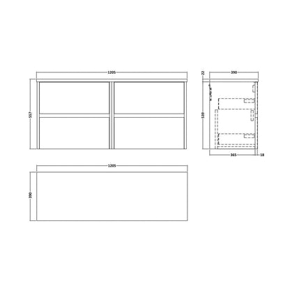 Nuie Havana 1200mm Wall Hung 4-drawer Unit & Laminate Worktop Contemporary Autumn Oak MFC Textured Woodgrain 561x1205x390mm - HAV804LBG2 - JJ Building Materials