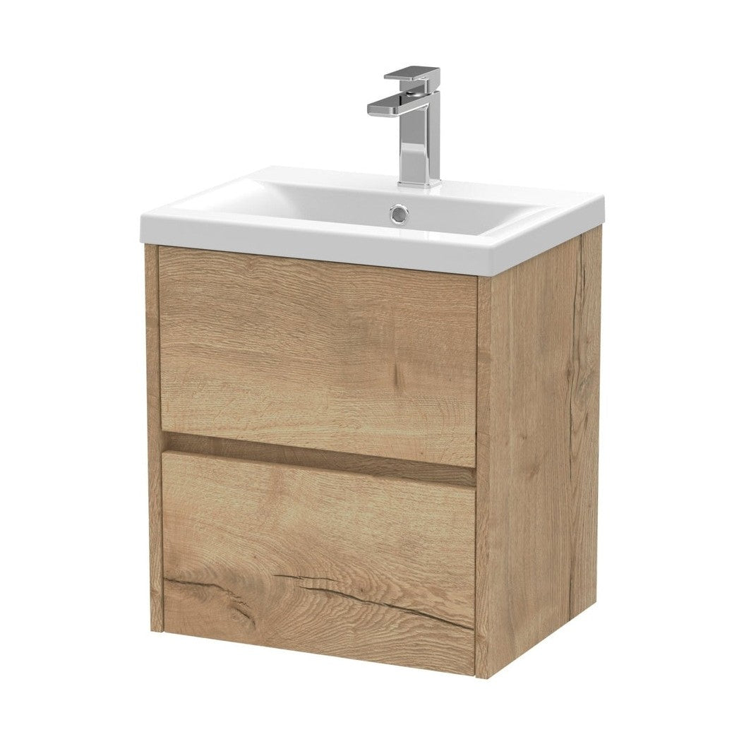 Nuie Havana 500mm Wall Hung 2 Drawer Unit & Basin 1 Contemporary Autumn Oak MFC Textured Woodgrain 579x510x390mm - JJ Building Materials