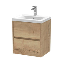 Nuie Havana 500mm Wall Hung 2 Drawer Unit & Basin 1 Contemporary Autumn Oak MFC Textured Woodgrain 579x510x390mm - JJ Building Materials