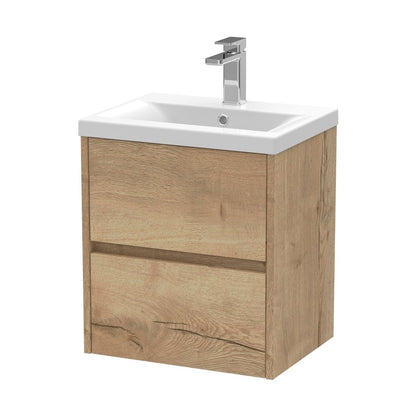 Nuie Havana 500mm Wall Hung 2 Drawer Unit & Basin 1 Contemporary Autumn Oak MFC Textured Woodgrain 579x510x390mm - JJ Building Materials