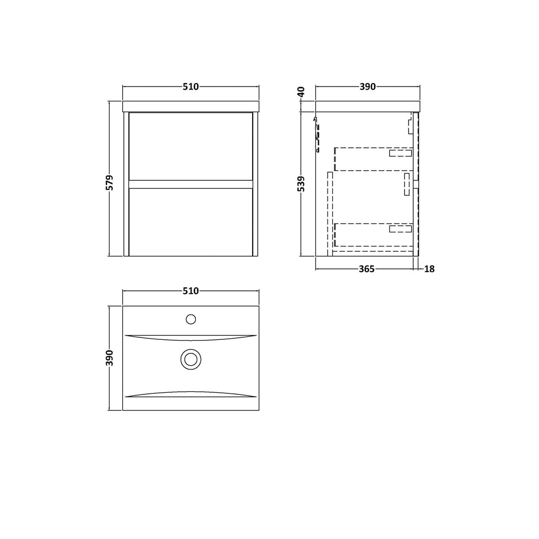 Nuie Havana 500mm Wall Hung 2 Drawer Unit & Basin 1 Contemporary Autumn Oak MFC Textured Woodgrain 579x510x390mm - JJ Building Materials