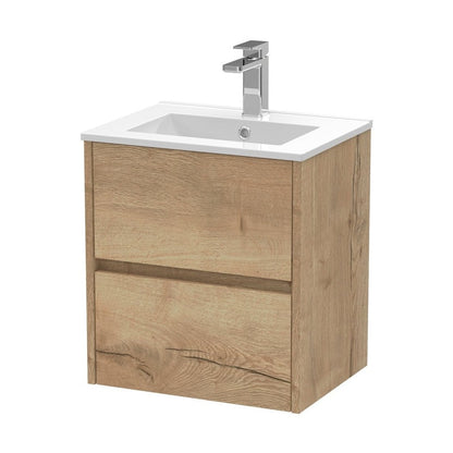 Nuie Havana 500mm Wall Hung 2 Drawer Unit & Basin 2 Contemporary Autumn Oak MFC Textured Woodgrain 557x500x390mm - JJ Building Materials