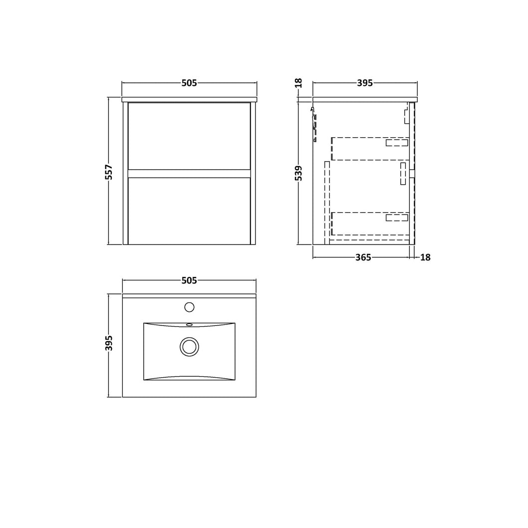 Nuie Havana 500mm Wall Hung 2 Drawer Unit & Basin 2 Contemporary Graphite Grey Woodgrain MFC Textured Woodgrain 557x500x390mm - JJ Building Materials