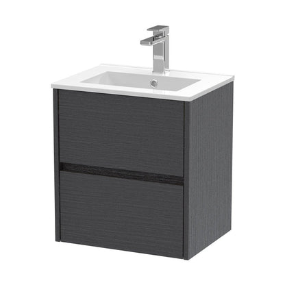 Nuie Havana 500mm Wall Hung 2 Drawer Unit & Basin 2 Contemporary Graphite Grey Woodgrain MFC Textured Woodgrain 557x500x390mm - JJ Building Materials