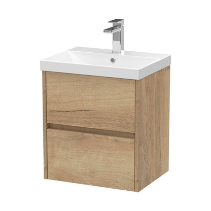 Nuie Havana 500mm Wall Hung 2 Drawer Unit & Basin 3 Contemporary Autumn Oak MFC Textured Woodgrain 589x510x395mm - JJ Building Materials