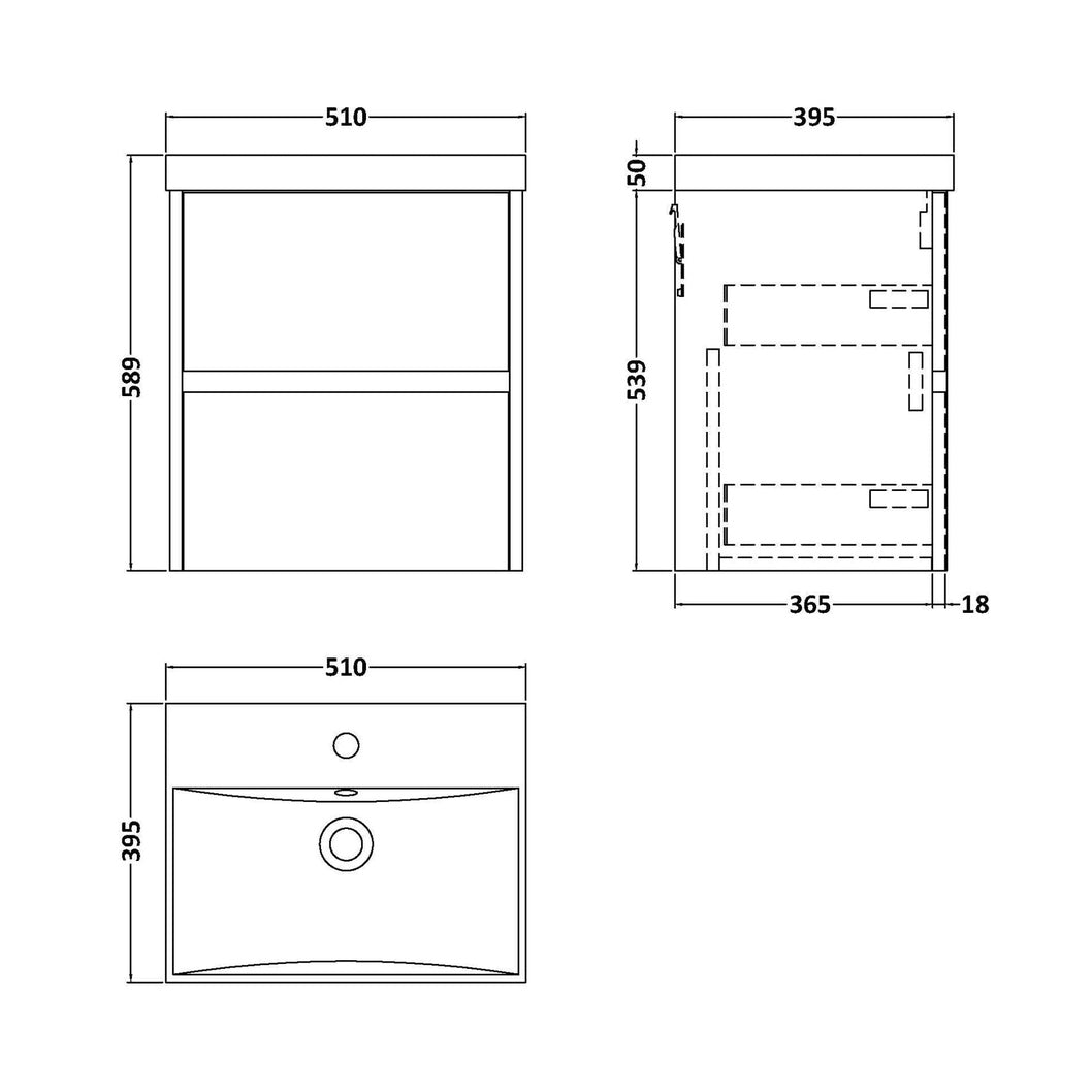 Nuie Havana 500mm Wall Hung 2 Drawer Unit & Basin 3 Contemporary Coastal Grey MFC Smooth Matt 589x510x395mm - JJ Building Materials