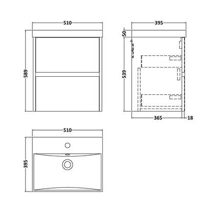 Nuie Havana 500mm Wall Hung 2 Drawer Unit & Basin 3 Contemporary Coastal Grey MFC Smooth Matt 589x510x395mm - JJ Building Materials