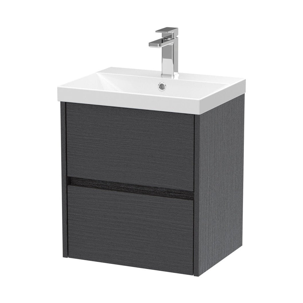 Nuie Havana 500mm Wall Hung 2 Drawer Unit & Basin 3 Contemporary Graphite Grey Woodgrain MFC Textured Woodgrain 589x510x395mm - JJ Building Materials