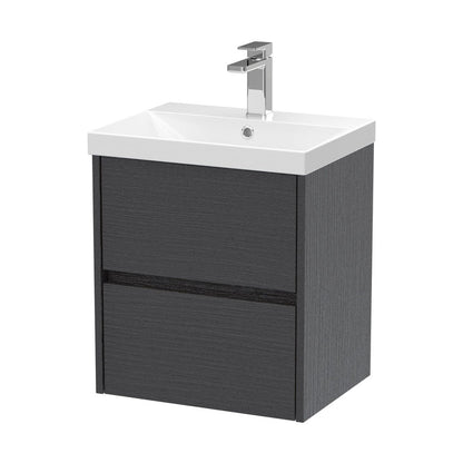Nuie Havana 500mm Wall Hung 2 Drawer Unit & Basin 3 Contemporary Graphite Grey Woodgrain MFC Textured Woodgrain 589x510x395mm - JJ Building Materials
