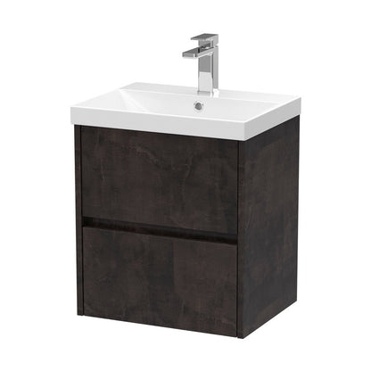 Nuie Havana 500mm Wall Hung 2 Drawer Unit & Basin 3 Contemporary Metallic Slate MFC Textured Matt 589x510x395mm - JJ Building Materials