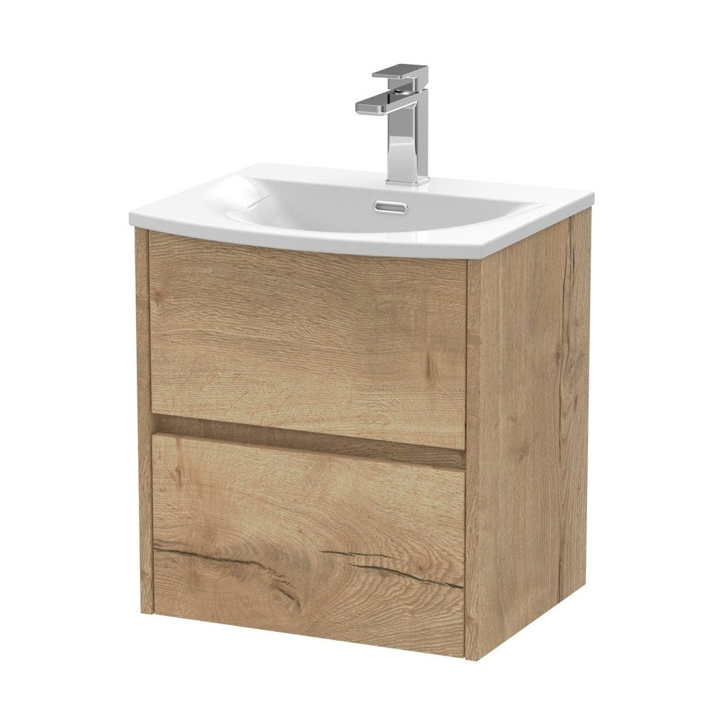 Nuie Havana 500mm Wall Hung 2 Drawer Unit & Basin 4 Contemporary Autumn Oak MFC Textured Woodgrain 564x510x440mm - JJ Building Materials