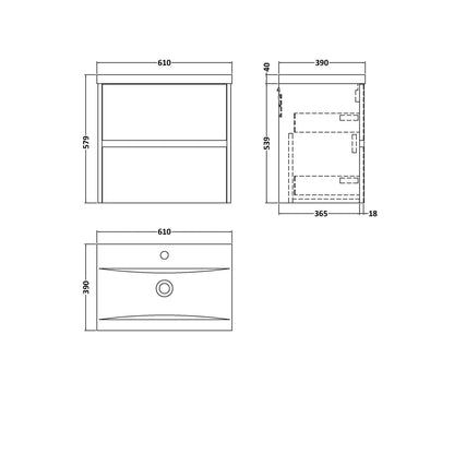 Nuie Havana 600mm Wall Hung 2 Drawer Unit & Basin 1 Contemporary Coastal Grey MFC Smooth Matt 579x610x390mm - JJ Building Materials