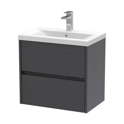 Nuie Havana 600mm Wall Hung 2 Drawer Unit & Basin 1 Contemporary Graphite Grey Woodgrain MFC Textured Woodgrain 579x610x390mm - JJ Building Materials