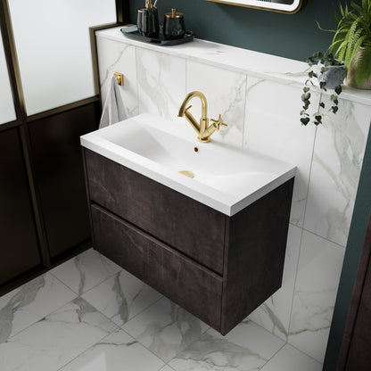 Nuie Havana 600mm Wall Hung 2 Drawer Unit & Basin 1 Contemporary Metallic Slate MFC Textured Matt 579x610x390mm - JJ Building Materials