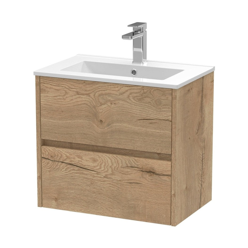 Nuie Havana 600mm Wall Hung 2 Drawer Unit & Basin 2 Contemporary Autumn Oak MFC Textured Woodgrain 557x800x390mm - JJ Building Materials
