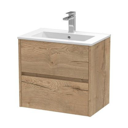 Nuie Havana 600mm Wall Hung 2 Drawer Unit & Basin 2 Contemporary Autumn Oak MFC Textured Woodgrain 557x800x390mm - JJ Building Materials