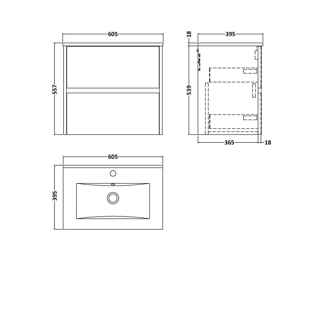 Nuie Havana 600mm Wall Hung 2-drawer Unit & Basin 2 Contemporary Midnight Blue MFC Painted Matt 557x600x390mm - JJ Building Materials