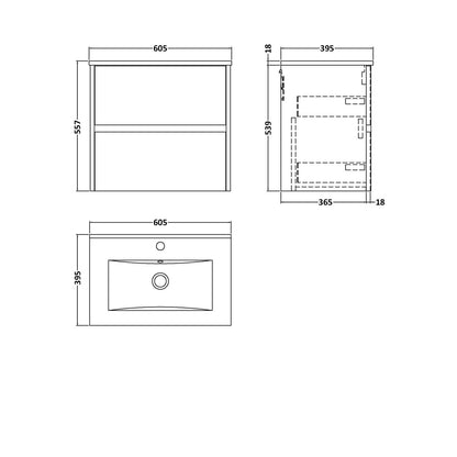 Nuie Havana 600mm Wall Hung 2-drawer Unit & Basin 2 Contemporary Midnight Blue MFC Painted Matt 557x600x390mm - JJ Building Materials
