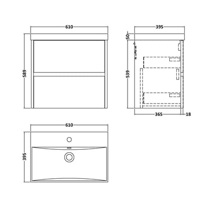 Nuie Havana 600mm Wall Hung 2 Drawer Unit & Basin 3 Contemporary Autumn Oak MFC Textured Woodgrain 589x810x395mm - JJ Building Materials