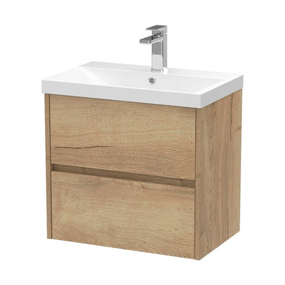 Nuie Havana 600mm Wall Hung 2 Drawer Unit & Basin 3 Contemporary Autumn Oak MFC Textured Woodgrain 589x810x395mm - JJ Building Materials