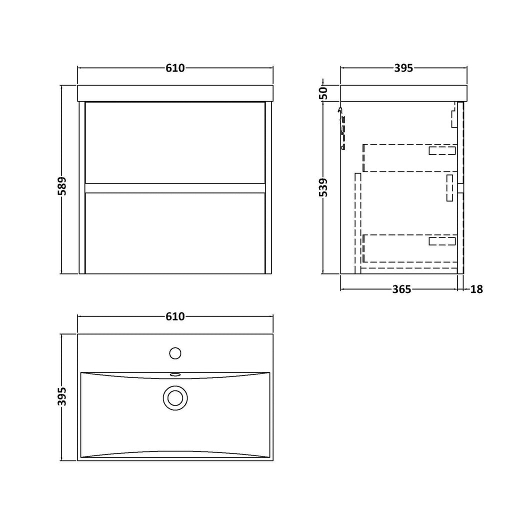 Nuie Havana 600mm Wall Hung 2 Drawer Unit & Basin 3 Contemporary Coastal Grey MFC Smooth Matt 589x610x395mm - JJ Building Materials