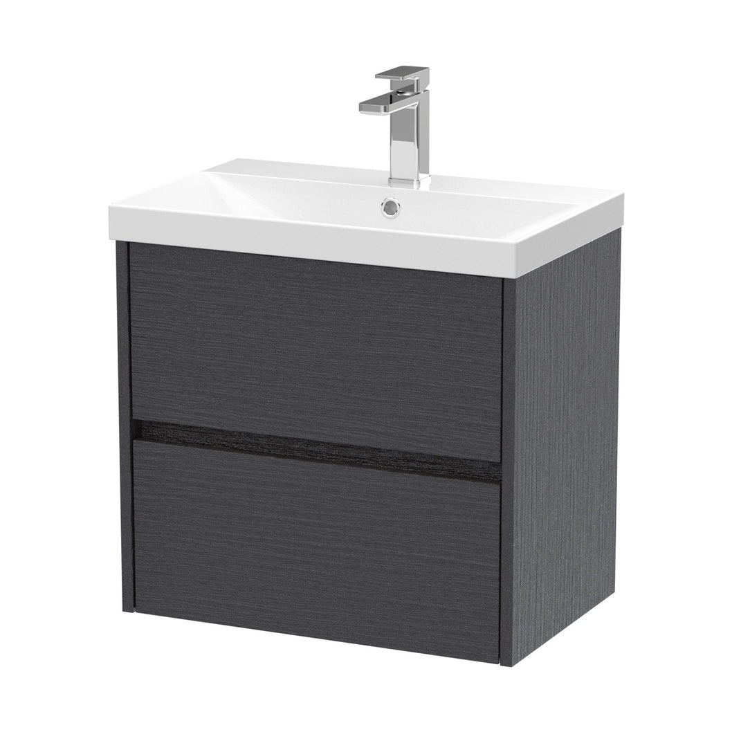 Nuie Havana 600mm Wall Hung 2 Drawer Unit & Basin 3 Contemporary Graphite Grey Woodgrain MFC Textured Woodgrain 589x610x395mm - JJ Building Materials
