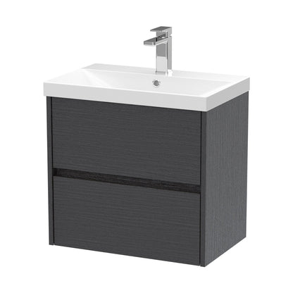 Nuie Havana 600mm Wall Hung 2 Drawer Unit & Basin 3 Contemporary Graphite Grey Woodgrain MFC Textured Woodgrain 589x610x395mm - JJ Building Materials
