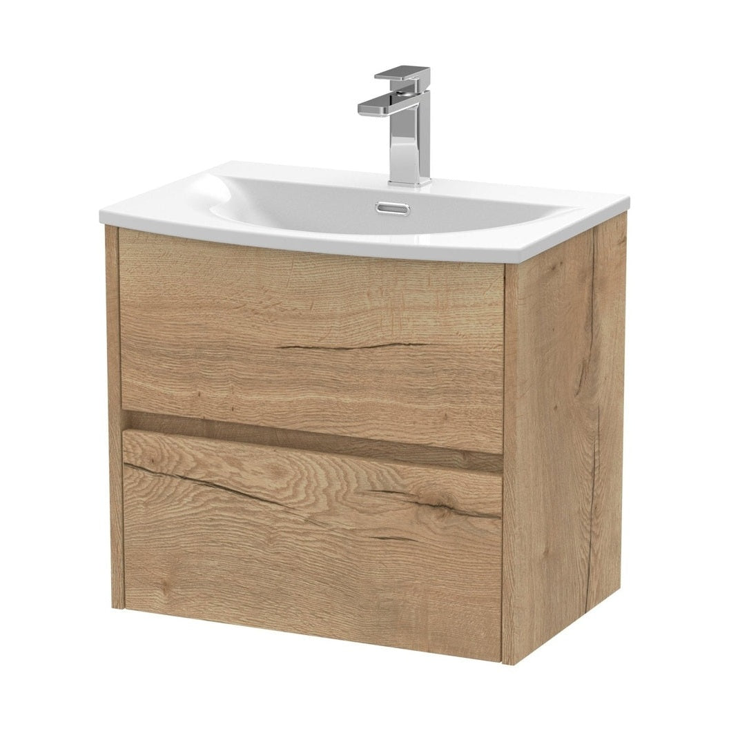 Nuie Havana 600mm Wall Hung 2 Drawer Unit & Basin 4 Contemporary Autumn Oak MFC Textured Woodgrain 564x610x440mm - JJ Building Materials
